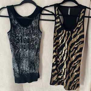 Black Silver Metallic “Rock” and Black Gold Sequin Tank Tops